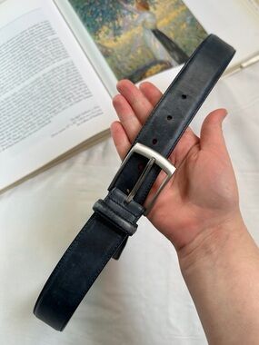 Magnanni Dark blue Leather Men's Belt with Silver-Tone Buckle